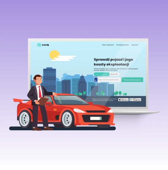 A contented person in a suit standing next to a red car in front of a view of the CarQ website