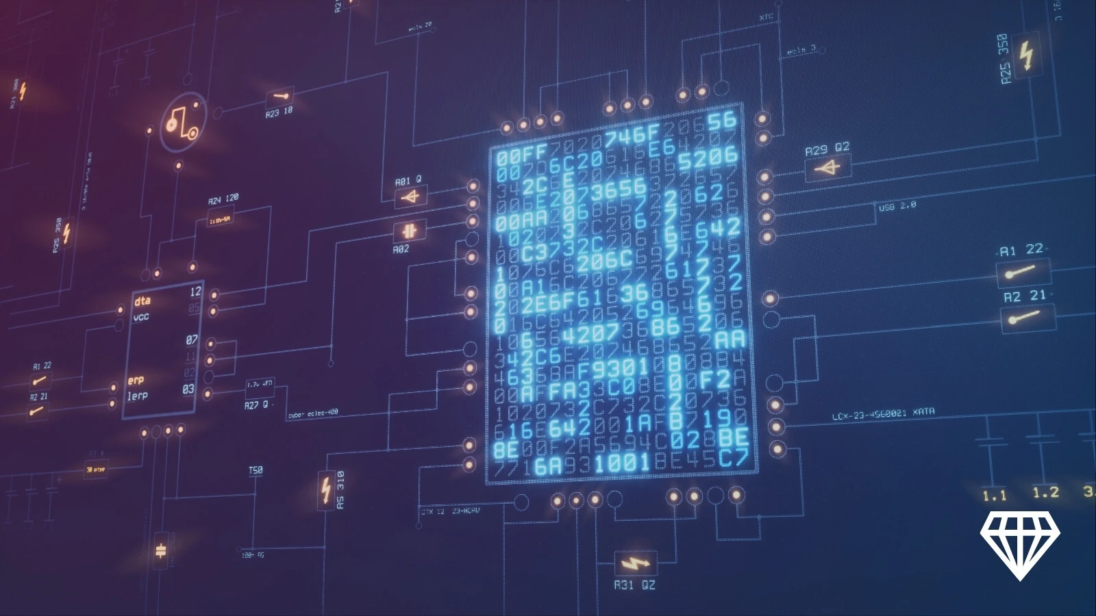 Futuristic circuit board with glowing hexadecimal code.