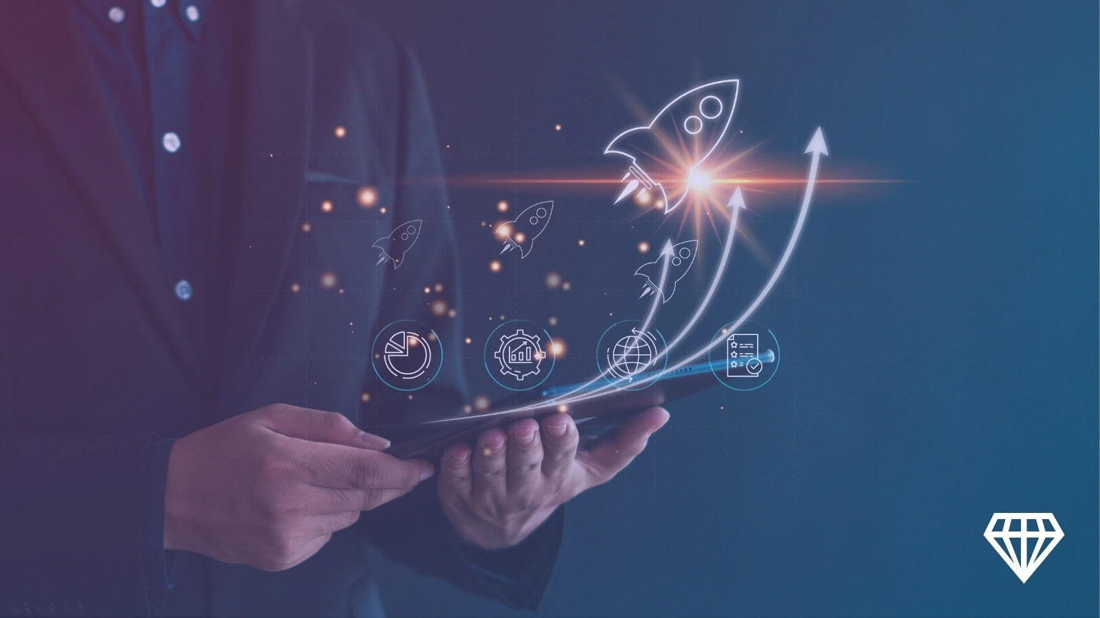 Developer holding tablet with rocket icon symbolizing launch of new IT projects.