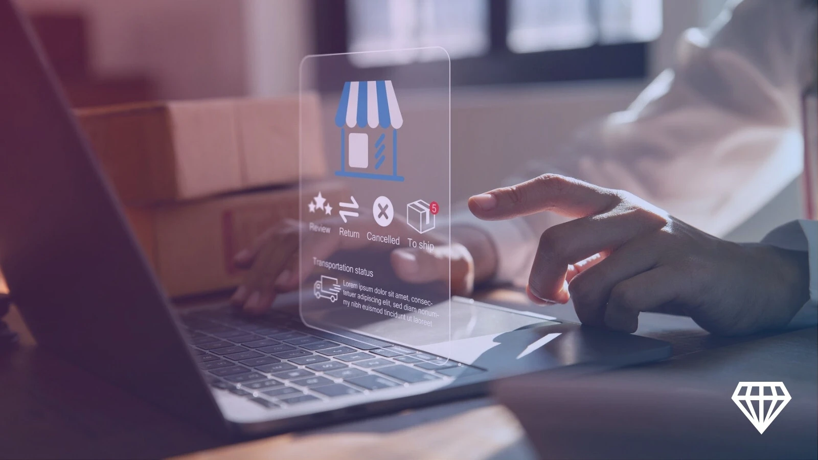 User managing e‑commerce orders on laptop with digital storefront interface.