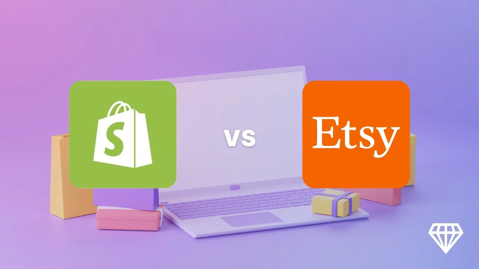 Shopify vs Etsy logos displayed over a laptop with shopping boxes.